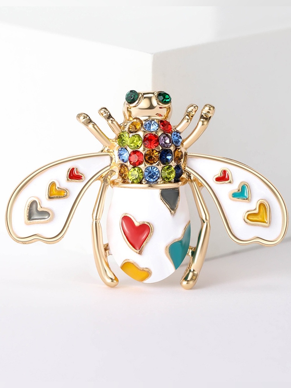 White Enamel Rhinestone Bee Brooch Multicolor Heart Insect Pin Gold Tone